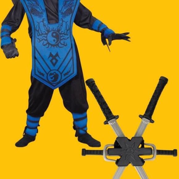 NEW 7pc Boys Complete Blue Ninja Halloween Costume W/ 5pc Ninja Knife Backpack - Picture 1 of 6
